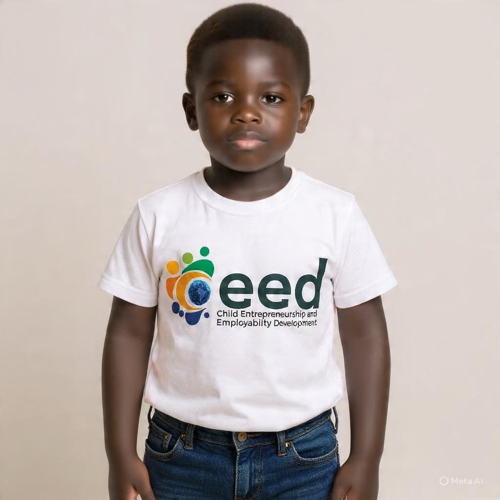 A young CEEDER wearing a CEED — Child Entrepreneurship and Employability Development — t-shirt