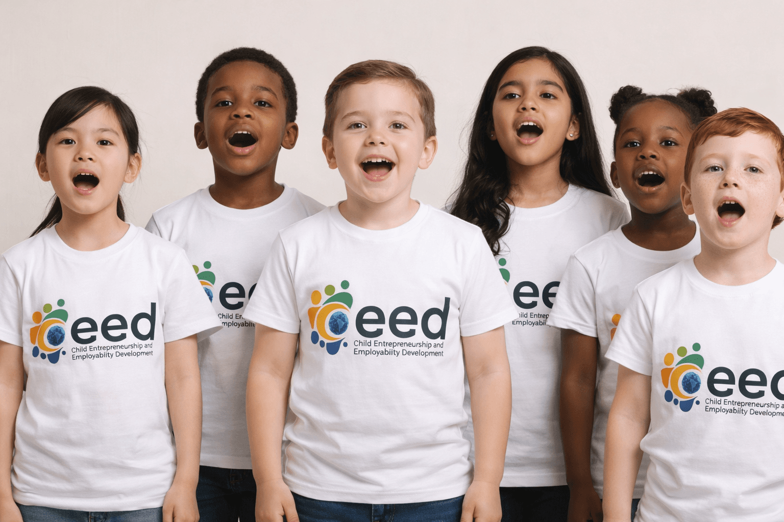A group of CEEDERS singing and cheering together in CEED t-shirts