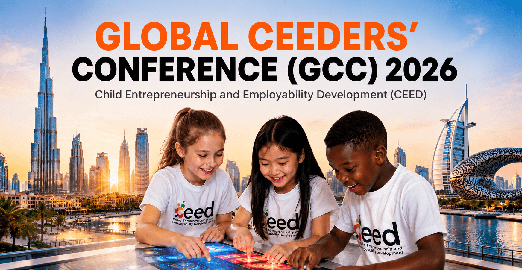 CEEDERS exploring an interactive innovation table with the Dubai skyline behind them, promoting the Global CEEDERS' Conference (GCC) 2026