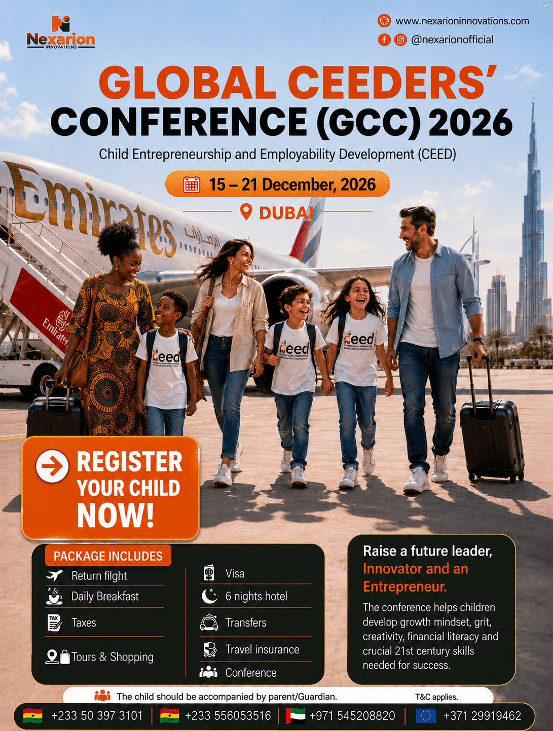 Global CEEDERS' Conference (GCC) 2026 promotional flyer — 15 to 21 December 2026, Dubai — register your child now