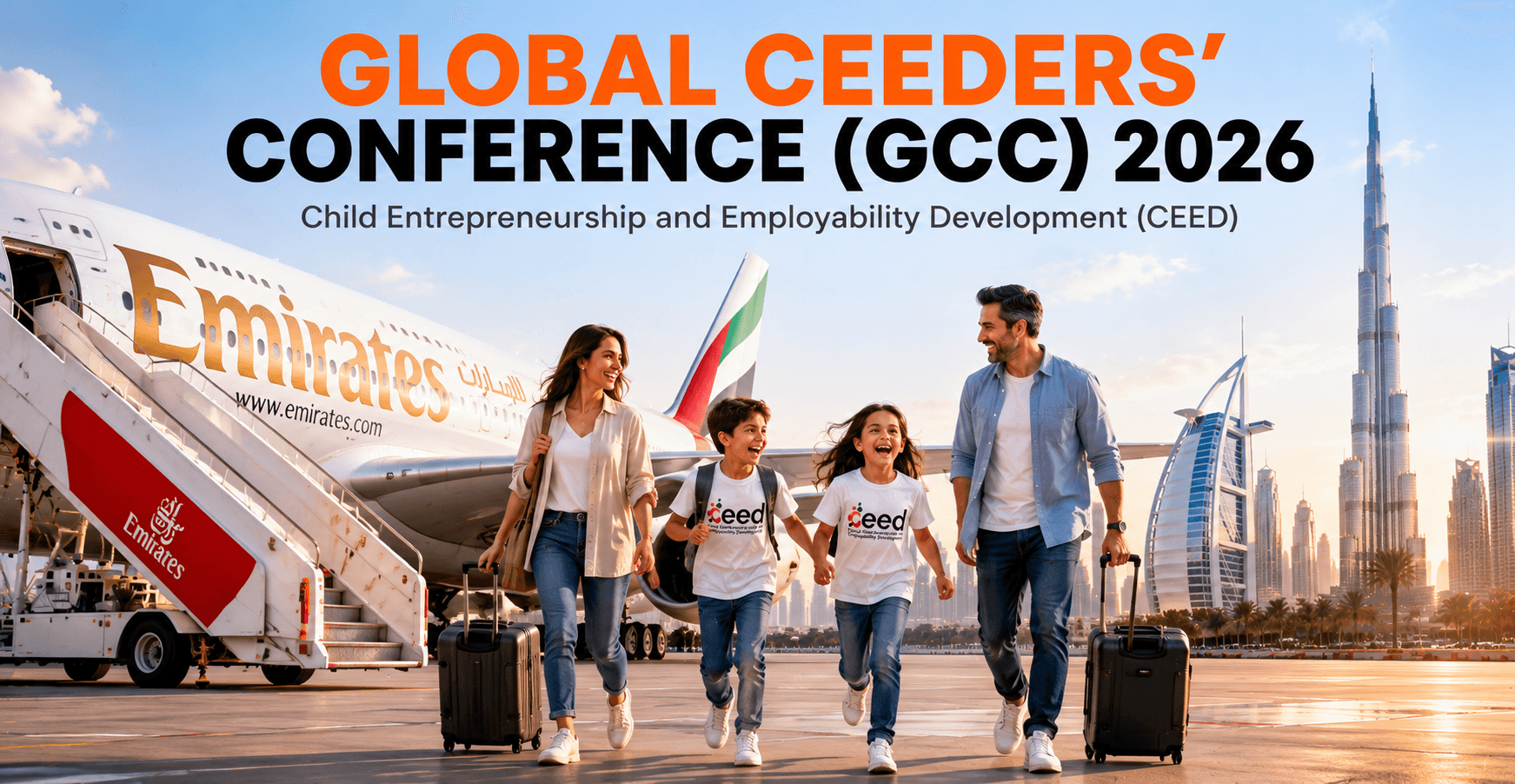 A family arriving in Dubai for the Global CEEDERS' Conference, walking from an Emirates flight with the Burj Khalifa in the background